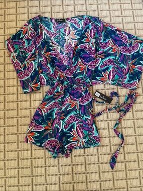 Lulu's Teal Purple Multi Floral Print Romper